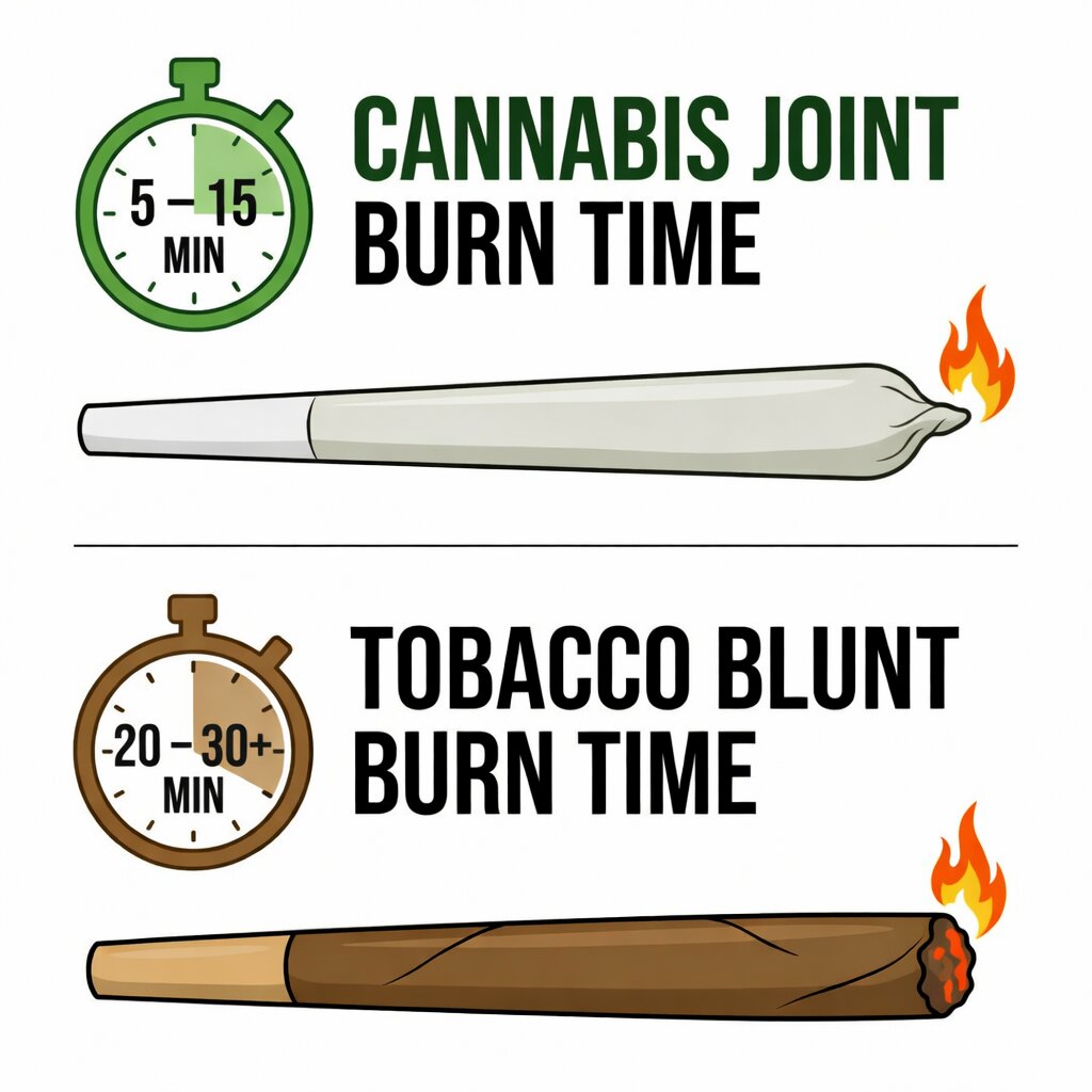 A comparison infographic showing the typical burn times of joints (5–15 minutes) versus blunts (20–30+ minutes).