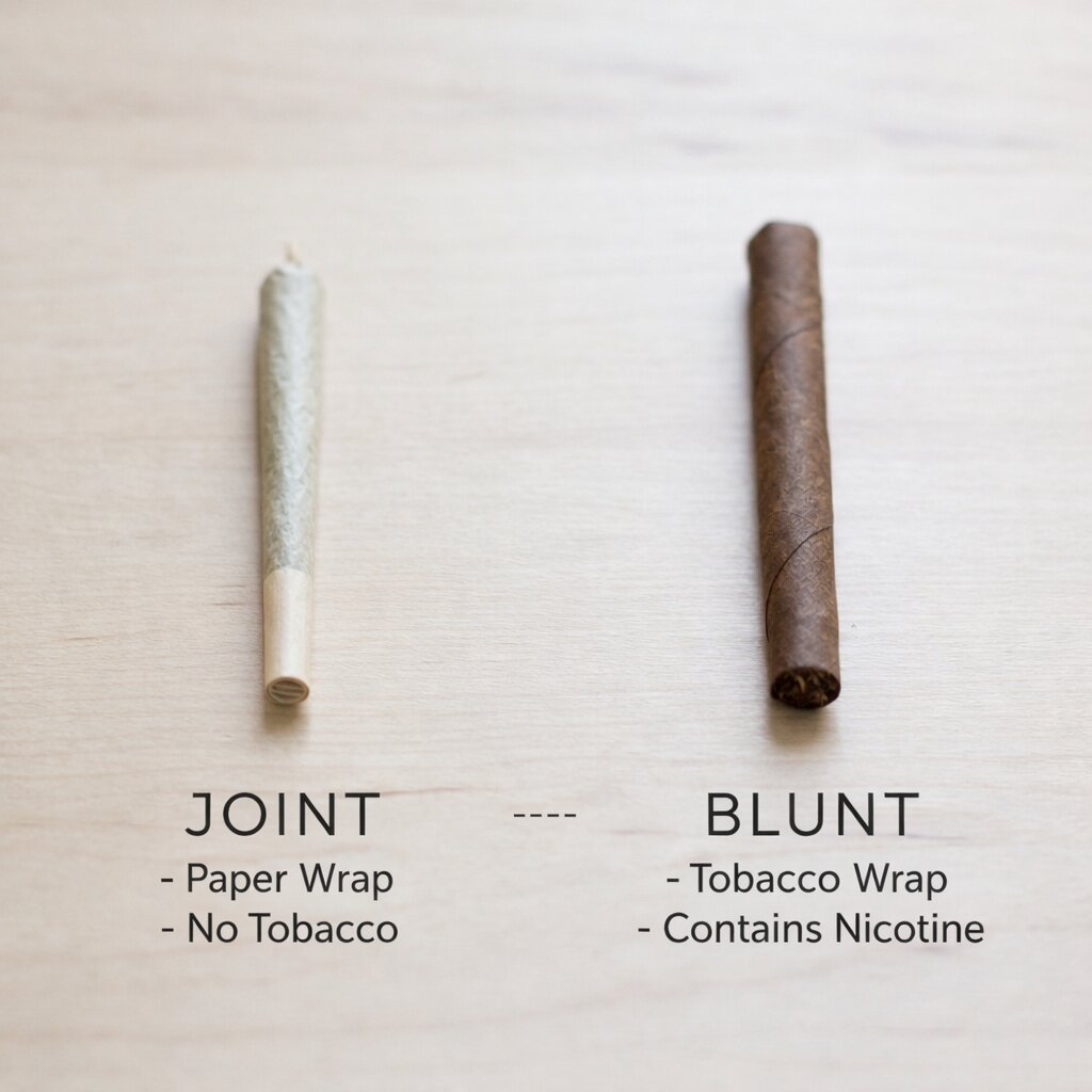 A visual side-by-side comparison of a joint (white rolling paper) and a blunt (brown tobacco wrap) on a clean surface.