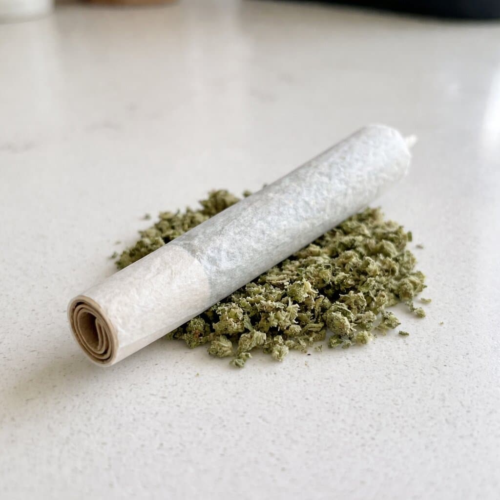 A close-up view of a neatly rolled cannabis joint with a visible filter tip, resting next to ground cannabis flower.