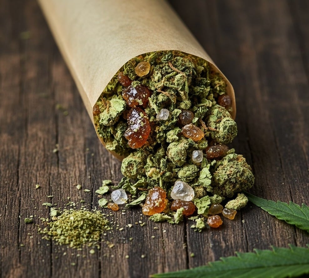 An open pre-roll spilling out cannabis flower, amber concentrates, and crystalline diamonds onto a wooden surface.